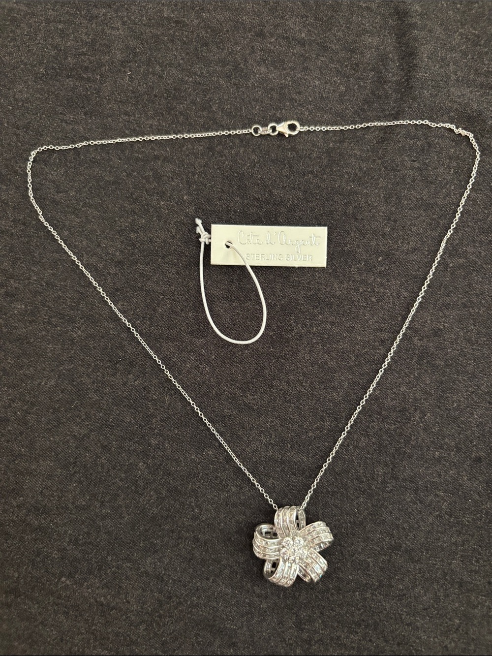 Cate d’ Argent Silver Crystal Flower Knot Pendant Necklace